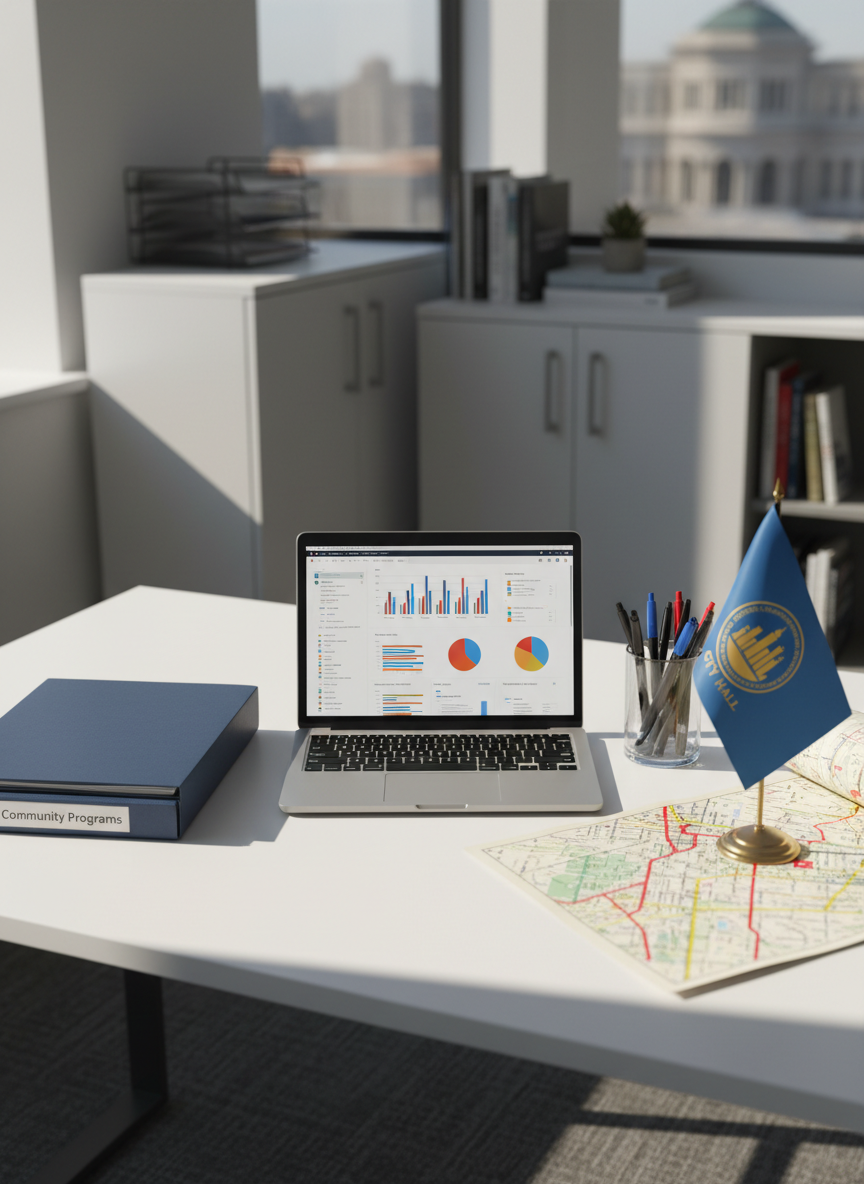 A meticulously organized white desk in a modern municipal office, featuring a slim silver laptop showing a blurred interface of charts and reports, a neatly stacked folder labeled “Community Programs” in navy blue, and a glass pen holder filled with fine-point pens. A city map with highlighted districts lies partially unrolled beside a small, tasteful desk flag in blue and gold. Afternoon natural light pours through a large, unseen window, casting soft, directional light across the desk and creating gentle, elongated shadows. The camera is positioned at a slightly elevated angle with shallow depth of field, keeping the documents and laptop keyboard in sharp focus while the background cabinets and bookshelves dissolve into a soft blur. The atmosphere is diligent, organized, and service-oriented, rendered in clean, photographic realism with a professional, minimalist style.
