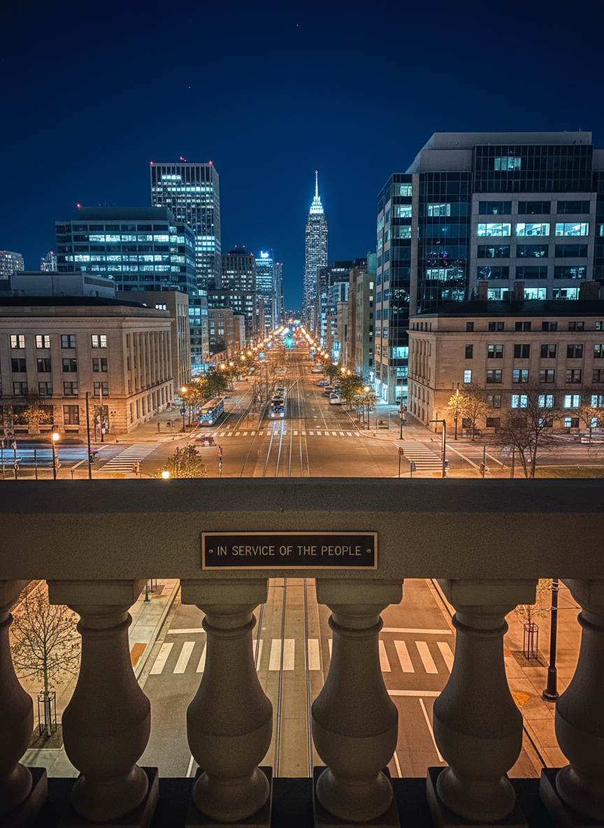 A nighttime cityscape of a well-maintained urban district, photographed from an elevated balcony outside a government building. Streetlights cast warm pools of light onto clean sidewalks, where small trees in protective grates line the street, and accessible ramps and clearly marked crosswalks are visible at intersections. In the foreground, the stone balustrade features a discreet metal plaque engraved with the words “In Service of the People.” The scene is illuminated by a mix of sodium-vapor streetlights and the cool, diffused glow from office windows, creating a balanced, cinematic contrast. Shot with a medium focal length and deep depth of field, the buildings and streets are sharp throughout. The atmosphere is calm, secure, and responsible, emphasizing well-planned infrastructure and public safety, rendered in realistic, professional photographic style.