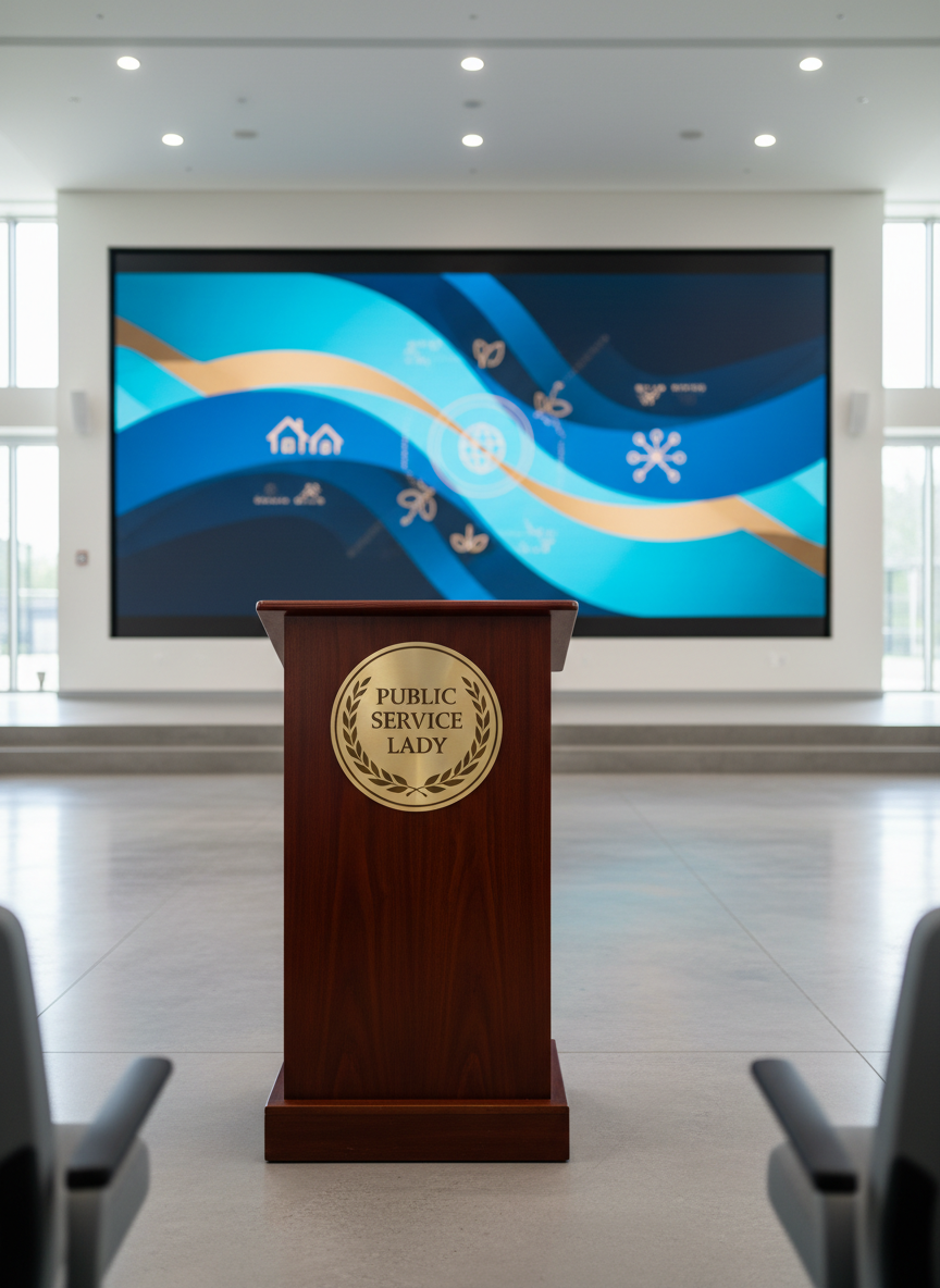 A polished wooden podium with an engraved brass emblem reading “Public Service Lady” stands in the center of a bright, modern civic hall. Behind it, a large, crisp digital screen displays a clean, blue-and-gold abstract graphic symbolizing community and governance, with subtle icons of houses, leaves, and interconnected lines. Soft, even studio-style lighting fills the room, eliminating harsh shadows and highlighting the subtle grain of the podium and the gentle sheen of the brass. Shot at eye level with a slightly wide angle, the composition follows the rule of thirds, keeping the podium prominent while the background falls into a gentle photographic bokeh. The mood is professional, trustworthy, and forward-looking, with a photographic realism and clean, contemporary aesthetic suited for a stateswoman’s official website hero image.