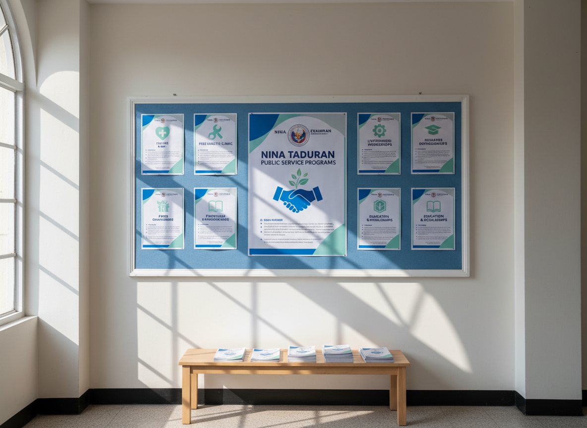 A neatly arranged bulletin wall in a bright community center lobby, filled with well-designed posters and notices about public service initiatives. Prominent among them is a large, cleanly designed poster in blue and white titled “Nina Taduran Public Service Programs,” surrounded by smaller flyers about health clinics, livelihood workshops, and education support, each with simple icons and readable typography. The wall is painted a soft off-white, with a slim wooden bench below holding a stack of printed brochures in matching branding colors. Morning sunlight filters in from high windows, creating gentle diagonal streaks of light across the wall and subtle shadows under the bench. Photographed straight-on at eye level with sharp focus across the frame, the mood is welcoming, informative, and community-centered, with a professional yet approachable photographic realism.