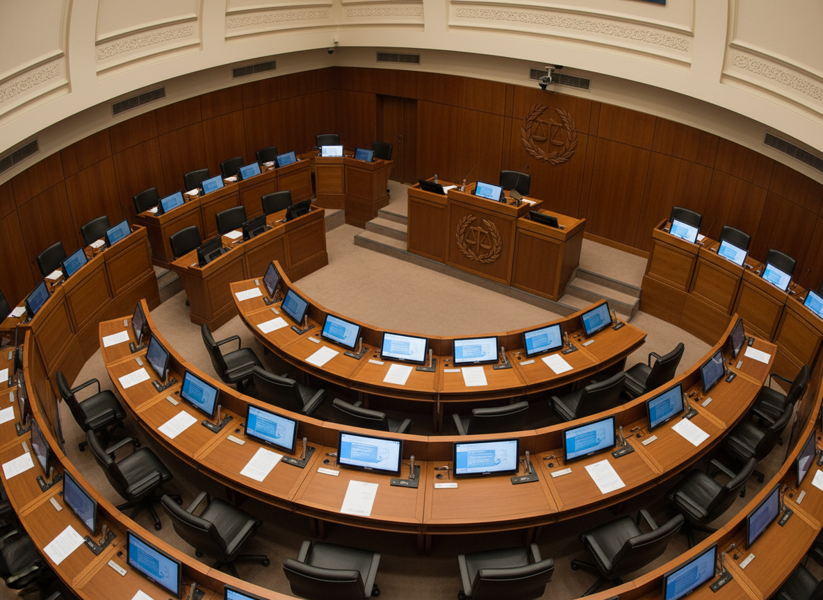 An open legislative workspace featuring a curved semicircular desk arrangement with individual stations, each equipped with slim digital tablets showing blurred policy documents, discreet microphones, and neatly placed paper nameplates without visible names. The central focal point is a raised wooden dais with a carved emblem of balanced scales and laurel leaves, symbolizing justice and service. Warm overhead recessed lighting highlights the rich wood tones while diffused ambient light maintains soft, even exposure across the room. Shot from an elevated corner vantage point with a wide-angle lens, the composition captures the full arc of the room while preserving clear architectural lines. The mood is serious, orderly, and transparent, communicating structured governance and professionalism through realistic, high-resolution photographic style.