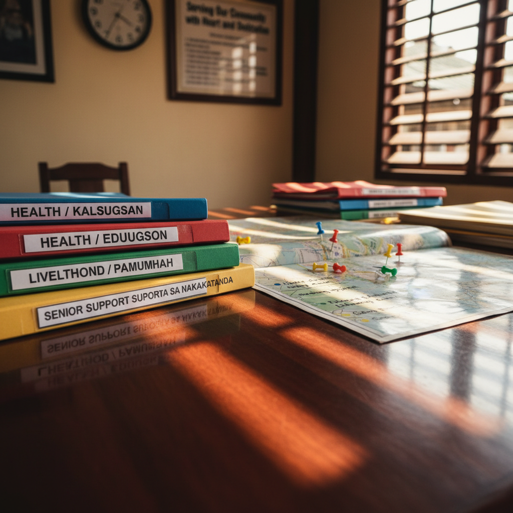 A close-up of a polished wooden table in a small barangay-style office, covered with color-coded folders labeled “Health,” “Education,” “Livelihood,” and “Senior Support” in both English and a local language. A detailed, laminated barangay map lies open, with colored pins marking service points and handwritten notes in neat script. A simple analog wall clock and a framed mission statement are softly visible in the blurred background. Late afternoon light enters through slatted windows, creating warm, directional illumination and gentle linear shadows across the table surface. Shot from a low, oblique angle with shallow depth of field, the focus rests on the folder labels and textured map. The mood is grassroots, dedicated, and hands-on, captured in naturalistic photographic style with a professional yet community-grounded aesthetic.