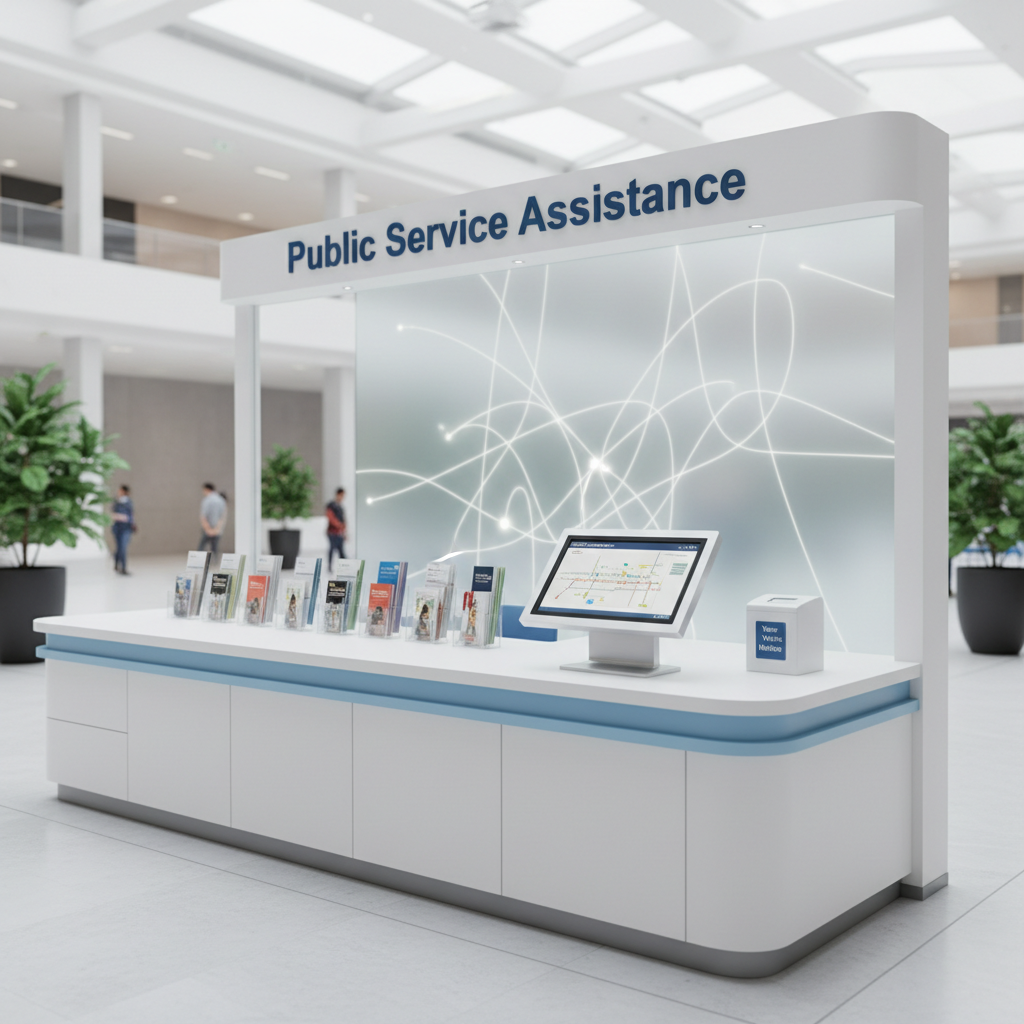 A tidy neighborhood help desk kiosk located in an airy public atrium, designed in white and soft blue with clear signage reading “Public Service Assistance” above a counter. On the counter, there are organized trays of multilingual brochures, a small touchscreen information terminal showing a simplified city map, and a discreet suggestion box labeled “Your Voice Matters.” Behind the counter, a frosted glass panel features an abstract pattern of interconnected lines symbolizing community networks. Bright, diffused daylight from skylights above bathes the area in soft, shadowless light. Captured at a three-quarter angle with moderate depth of field, the kiosk stands prominently while the background of the atrium softens gently. The atmosphere is accessible, friendly, and efficient, rendered in clean, modern photographic realism suited for a public service–oriented website.